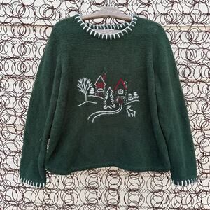 Vintage Y2K Christopher and Banks Christmas Cabincore Fleece Sweater Green XL